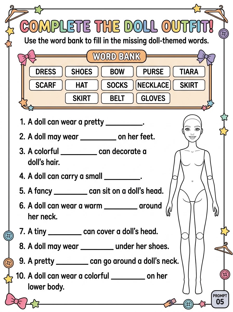 Complete the Doll Outfit — word bank fill-in activity with doll figure illustration